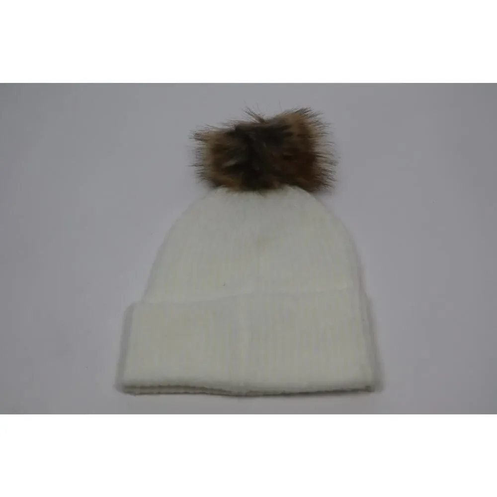 Steve Madden Ivory and Faux Fur‎ Puff Beanie One Size